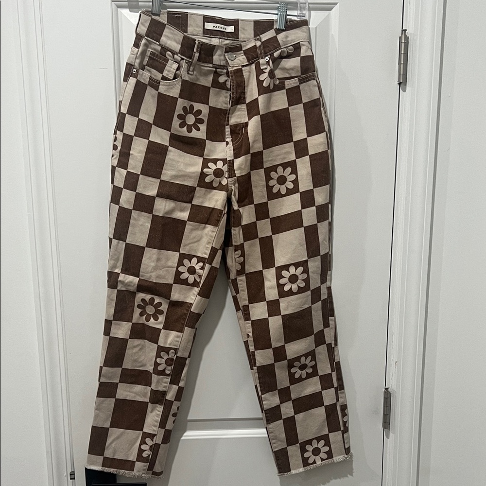 Pacsun Checkerboard Floral Pants in Brown and Cream‎ Size 27